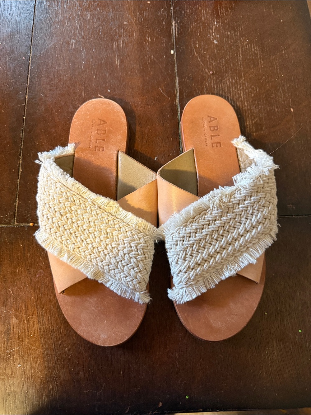 Able Tan Slide Sandals with Cream Woven Crossover Straps